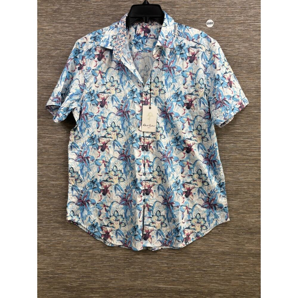 Robert Graham Durkin Classic Fit Shirt Mens Size L Floral Blue Multi Stretch NEW